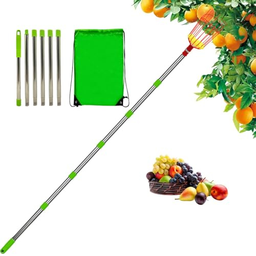 Telescopic Picker Pole Stainless Steel with Basket - Fruit Picker Basket, Portable Rustproof Detachable Lightweight Fruit Piicker for Plum, Pear, Designed to Help Reach High Branches Safely