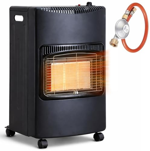BAKAJI Stufa a Gas per Bombola da 15 kg con Struttura in Lastre di Metallo e 3 Elementi Riscaldanti in Ceramica, 3 Potenze Selezionabili 1400/2800/4200 Watt, Regolatore Kit Incluso e 4 Ruote Girevoli