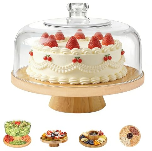 CheurYae Bandeja para tartas con tapa, soporte para tartas de bambú y madera, soporte para tartas con pie, juego de exhibición de postres y tabla de charcutería para bodas, fiestas, panaderías