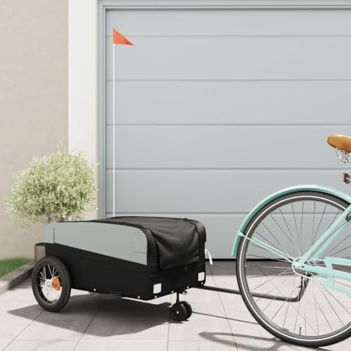 Runheo Remorque de vélo Noire en Fer de 30 kg capacité Robuste pour Transport de Bagages, Accessoires, équipements, idéale pour Cyclisme Ville ou Camping, avec attelage et Drapeau de sécurité