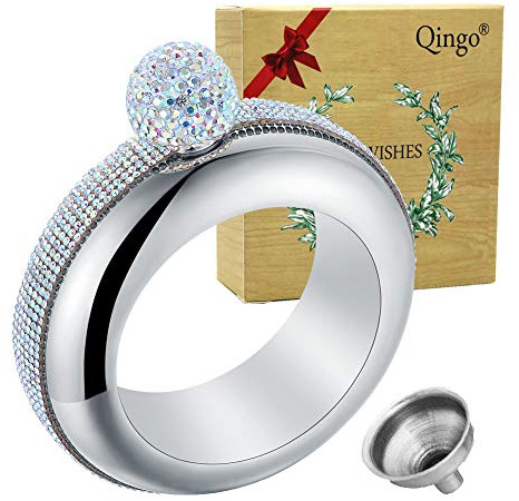 Qingo Flask Bracelet Bangle Flask Creative Stainless 304 Steeland Hip Flask Funnel Set For Women 3.5 oz (Sliver Rhinestones)