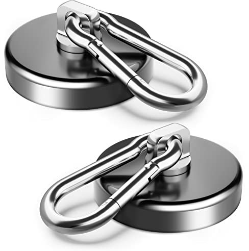 2 Pack Super Strong Magnetic Hooks, 63.5 KG(140 LBS) Pull Neodymium Magnets with Swivel Carabiner Snap Hooks, Strong Magnets with Hook for Hanging Camping - 42mm Diameter