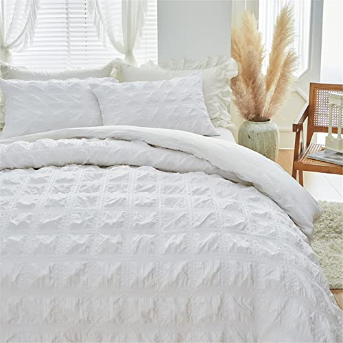 Odot Fundas de Edredón Seersucker, Juego de Ropa de Cama con Funda de Nórdico y Funda de Almohada, Juego Ropa de Cama para Cama Individual y Matrimonio (220x240cm-3 Piezas,Blanco)