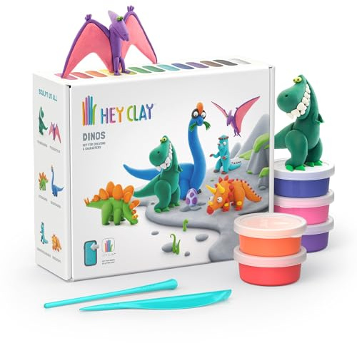 Hey Clay Dinos Set - Colourful Modeling Kids - Air Dry Clay Kit 15 cans and Sculpting Tools with Fun Interactive Instructions App