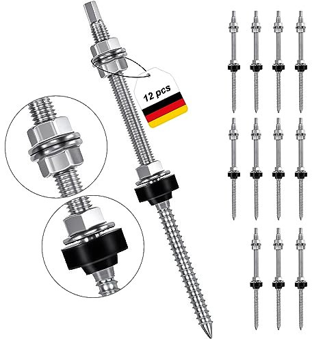 Lot de 12 vis à double filetage M10 x 200 mm Installation PV en acier inoxydable réglable en hauteur Chevilles pour photovoltaïque Fixation solaire sur les toits de bâtiments Matériau : acier