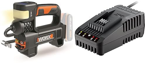 WORX 20V Multifunktions-Luftpumpe WX092.9 Ohne Akku und Ladegerät, Schwarz & WA3880 Ladestation – Schnell-Ladegerät für Alle PowerShare 20V Akkus