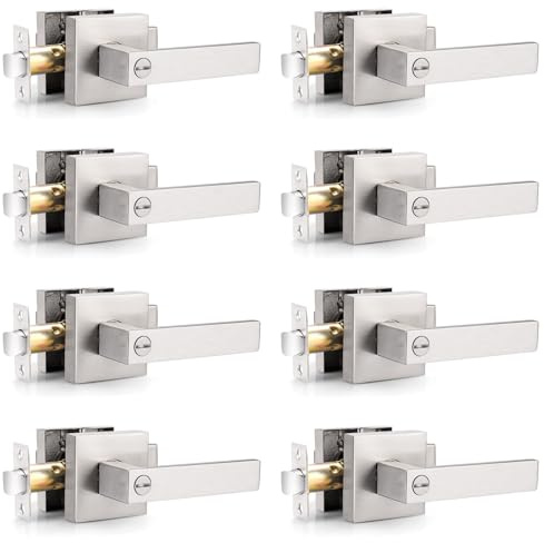 Probrico Interior Brushed Nickel Door Handle, Heavy Duty, Flat Square Privacy Door Handles, Keyless Door Levers Lockset for Bedroom and Bathroom (8 Pack, Modern)