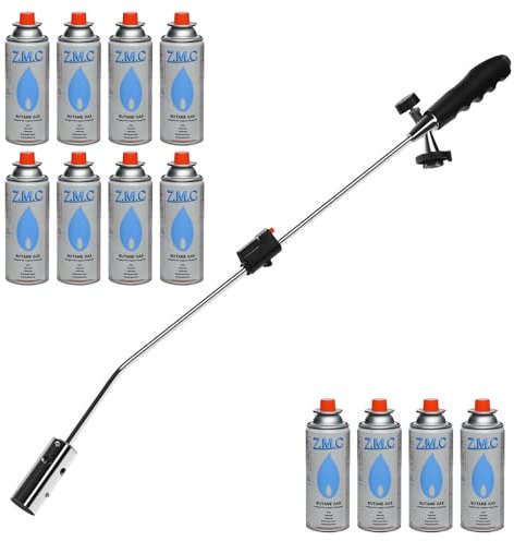 ZMC - Quemador de malezas de 2,5 kW con encendido piezoeléctrico + 12 cartuchos de gas de 227 g – Herbicida y encendedor de barbacoa hasta 1400 °C – Flameador para jardín, acera, entrada, terraza y