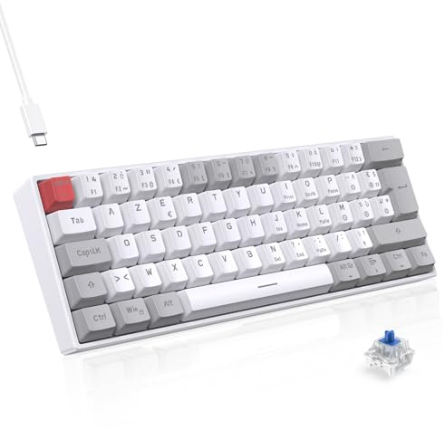 TECURS Clavier Mecanique - Clavier Gamer de Jeu Filaire Switchs Bleu, AZERTY Français, LED Rétroéclairé, Clavier Gaming Mini 60% pour PC/Windows/PS5/PS4, Blanc et Gris