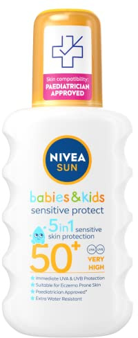 NIVEA SUN Kids Protect & Sensitive Spray (200ml) Sunscreen Spray with SPF 50+, Kids Suncream for Sensitive Skin, Immediately Protects Against Sun Exposure (Pack of 3)