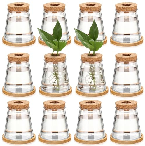 Baderke 12 Packs Propagation Vases for Plants Plastic Plant Propagation with Hole Lid and Bamboo Stand Growing in Water Hydroponic Home Office Desktop Vase Decoration (Cute Style)
