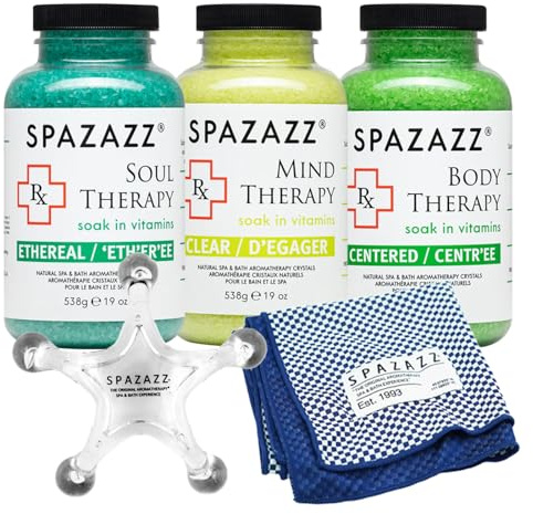 RX Therapy Spa and Hot Tub Aromatherapy Scented Relaxation Bath Salt Crystals - Mind Body and Soul Bundle Gift Set (19 Oz) Includes 5 Point Full Body Massage Tool & Hot Cold Towel (19OZ 3 Pack)