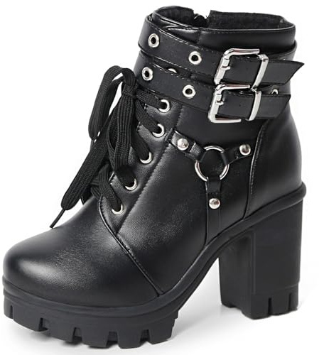 MEOTINA Platform Combat Boots Goth Boots Chunky Heel Ankle Booties for Women Punk Buckle Gothic Boot with Zipper Lace Up Dress Round Toe Shoes Black/White
