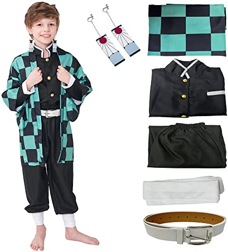 AETIYN Kids Tanjiro Kimono Costume Kimono Cosplay Outfits Set Cloak Halloween Uniform Jackets Cape Anime Costume for Boys Girls (Green, Tag 150)
