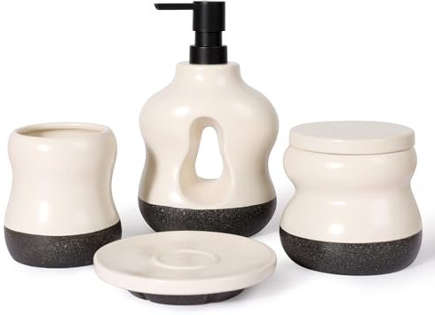 BosilunLife Badezimmer Set Keramik, 4 TeilesBadezimmer Zubehör Set, BadezimmerOrganizer mit Seifenspender, SeifenschaleZahnputzbecher,Wattestäbchen Kanister,Hochwertiges Badezimmer Deko Set (Beige)