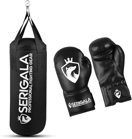 Serigala Boxsack Set für Kinder und Jugendliche - Inklusive 8oz Boxhandschuhe und stabilem Haken zur Aufhängung - 7 kg Canvas Punching Bag für Boxtraining - 62 x 23 cm Boxing Bag Schwarz