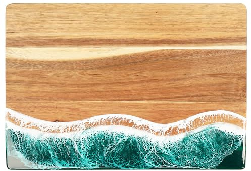 HALNYHYFD Acacia Wood Cutting Board with Resin Wave Design, Versatile Kitchen Chopping Board for Meat, Vegetables, Fruits, Cheese & Charcuterie, Green Ocean Vibes Elegant Serving Tray, 14x9.8 Inches