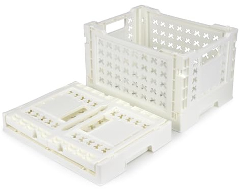 Spesh 2 Pcs Collapsible Crates Storage Boxes Plastic Foldable Crates Stackable Folding Storage Baskets for Home Kitchen Office(White, 30x22x18cm)