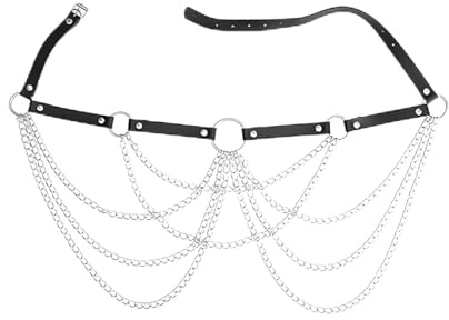 GWAWG Cinturón gótico con cadena de cuero con cadena para el cuerpo, cadenas de vientre de piel, cadena de cintura punk plateada, accesorios para el cuerpo del club nocturno, accesorios para mujeres
