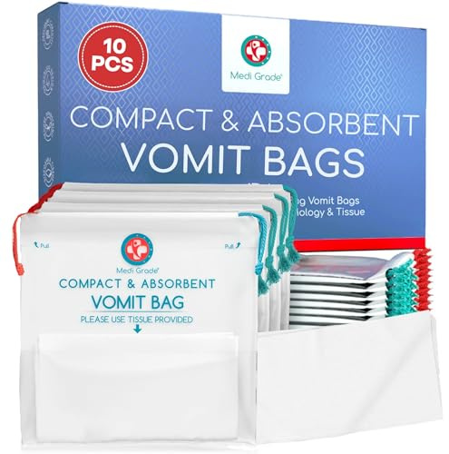 Medi Grade Bolsas para Vómito Pack de 10 con Toallita | Bolsas desechables para vomitar con almohadillas que convierten el vómito en gel sin olor, capacidad 750 ml, no gotean