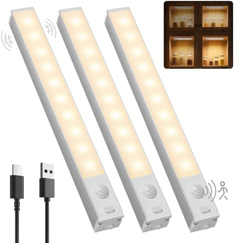GOODEA Dimming Luce Armadio LED Ricaricabile 18cm Senza Fili,3 Pezzi Barra LED Luce Armadio con Sensore di Movimento luce notturna per Armadio da Lingerie, Scaffale per Libri, Scala, Corridoio 3000K