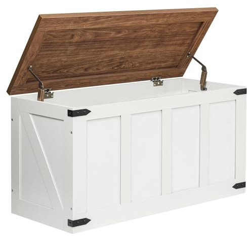 HOOBRO Coffre de Rangement de 100 x 39 x 50 cm avec Grandes Charnières de Sécurité, Banc de Rangement de Style Ferme, pour Entrée, Couloir, Chambre Salon, Blanc et Noyer Naturel EWH500CW01