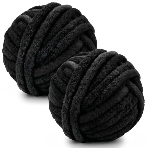 Bafeil Super Chunky Chenille Yarn for Arm & Finger Knitting, 2 x 250g | Jumbo Black Blanket Yarn, 2CM Soft Thick Tube Yarn for Chunky Blankets, Throws, Cushion Covers & DIY Home Decor