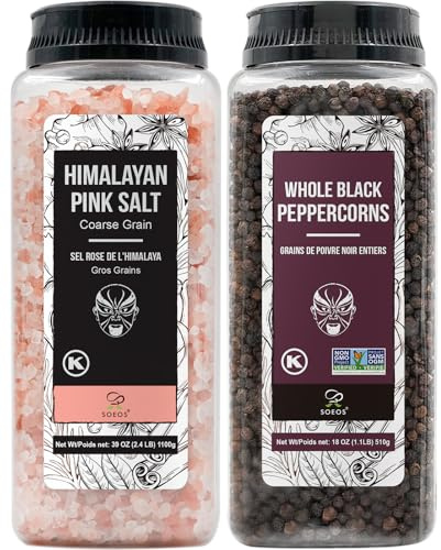 Soeos Himalayan Pink Salt 39 oz + Whole Black Peppercorns 18 oz, Coarse Grain, Kosher Salt for Grinder Refill, Salt and Pepper Grinder, Non-GMO Verified, Spice Seasoning Set for Cooking
