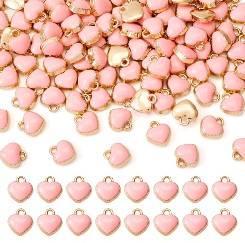 Cheriswelry Lot de 100 mini breloques en forme de cœur rose en émail plaqué or pour la fabrication de bijoux, bracelets, colliers, boucles d'oreilles, cadeaux de Saint-Valentin