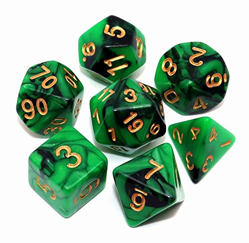 CREEBUY Juego de Dados poliédricos para Mazmorras y Dragones, Juego de rol, 7 Piezas, Color Verde y Negro