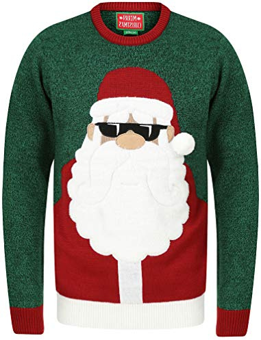 Tokyo Laundry Santa Sunglasses Novelty Christmas Jumper with Faux Fur Applique in Green – Merry Christmas - S