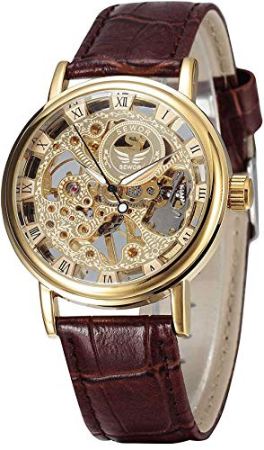 SEWOR Herren Mechanische Skelett aufziehbar transparent Armbanduhr mit Vintage Style.