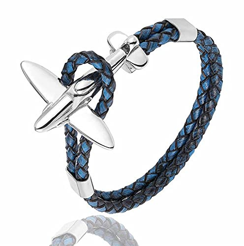 DTTVY MKENDN rostfritt stål guld luftfart ankare armband män kvinnor retro läderarmband luftvapenstil man smycken (metallfärg: silverblå, längd: 23 cm)