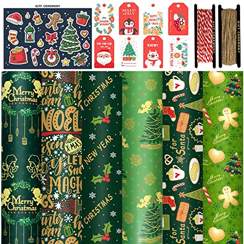 FullJoyHut Papel de Regalo Kraft Navidad con 6 Hojas Reciclable Papel de Regalo Navideño 70x50cm,8 Etiquetas Regalo,12 pegatinas,2 Rollo Hilo Yute Cuerda Algodon para Decoración Navideña
