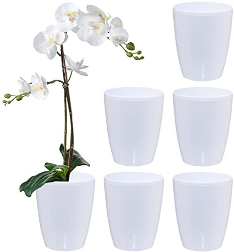 SANTINO 6er-Set Selbstbewässernder Topf mit Dochtsystem und Wasserstandsanzeige für den Innenbereich, Orchideentopf D 15cm (White - 2L)
