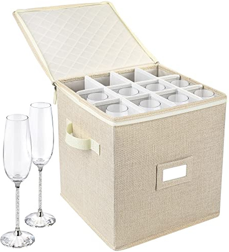 LotFancy Champagne Flute Storage Container for Moving, Hard Shell, Stackable 12 Tall Stemware Storage Box with Dividers & Handles, Wine Glass, Crystal Glassware, Drinkware Case, Beige
