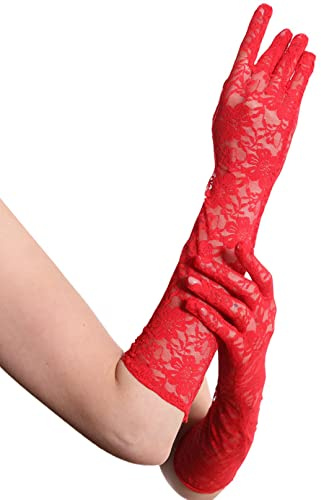 COSFAN Långa spetshandskar, kvinnors blommiga spetshandskar, bröllopshandskar för brud, stretchiga armbågslängdshandskar för opera 1920-talsdräkt, Röd, en storlek