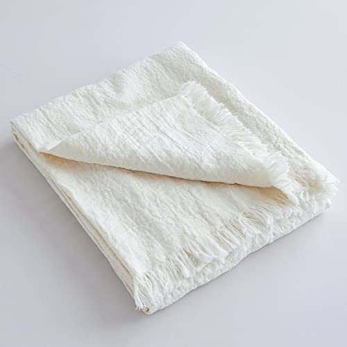 King Linens 100% Linen Throw Blanket with Fringe for Couch/Bed/Sofa/Gift, Natural Washed Flax Solid Color Soft Breathable Cozy Farmhouse Boho Home Décor - White, 55x75