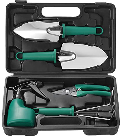 Moendergo 5PCS Kit d'outils de Jardin avec truelle, Outillage de Jardin Kits, Machine à Transplanter, Râteau, Sécateur, Pelle et Flacon Pulvérisateur d'eau (5)