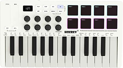 HOEREV MIDI-Tastatur-Controller mit 8 hintergrundbeleuchteten Trommelpads, kabellos, halbgewichtet, professionell, dynamisches Keybed Knöpfen, 25 Tasten, USB Lithium-Batterie, FBA_M008_Midi_White