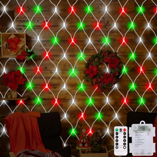 CCILAND Filet lumineux de Noël rouge blanc vert à piles, 1,5 m x 1,5 m, 100 LED, 8 modes avec télécommande pour décoration de jardin, balcon