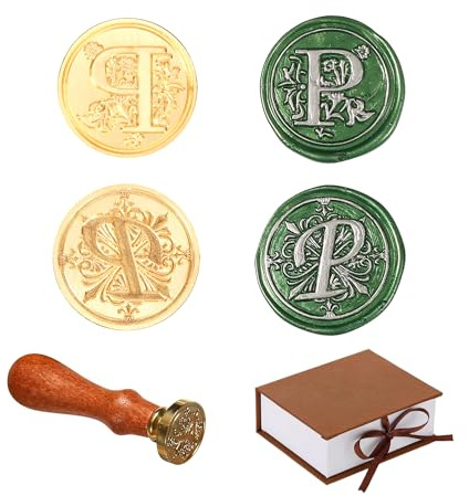Comealltime Set med 2 retro alfabet sigillvaxstämplar, A ~ Z initialer vaxstämpel med trähandtag, vintage 26 bokstäver 25 mm avtagbart mässingshuvud för inbjudningar kort presentförpackning