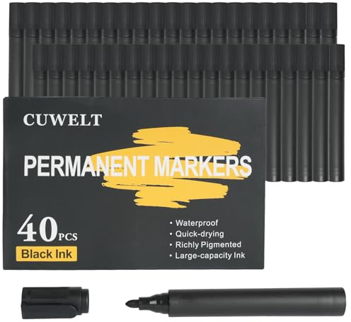 CUWELT 40 Pack Black Permanent Markers Pens, 3mm Bullet Tip Marker Pens | Waterproof Thick Permanent Pen, Quick Dry Thick Marker Pen Works on Wood Stone Plastic Glass for Marking Coloring