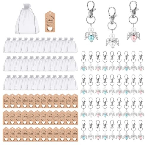Engel Anhänger Set - 36 Stück Kleine Schutzengel + Organzatasche + Gelbe Lederkartei - Für Hochzeitsgeschenk, Geburtstagsgeschenk, Gastgeschenk