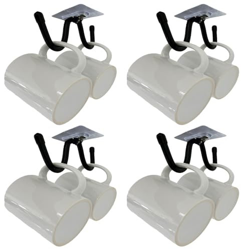 AUXPhome 4pcs Self Adhesive Cup Hooks Cabinet Organizer, Mug Holder Under Cabinet, Under-Shelf Mug Organizer, Holds 8 Cups, No Drilling, No Assembly Required