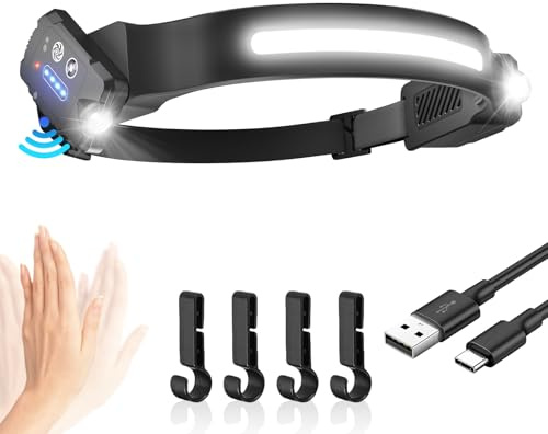 Torcia da testa ricaricabile, super luminosa, fascio largo 300° e faretti regolabili, torcia frontale a LED, 9 modalità, sensore di movimento, durata 28 ore, impermeabile, leggera, per campeggio