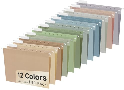 50pcs Decorative Hanging File Folders,Filing Cabinet, Letter Size with 1/5-Cut Adjustable Tab Durable 12 Color Assorted, 50 pcs Per Box,Cute,Color,Pink,Pastel