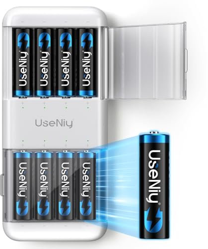 UseNiy Lithium AA Akku mit Ladegerät 8 stück, wiederaufladbare AA Batterien, 3000mWh hohe Kapazität Mignon AA Batterien, 1.5V Lithium AA Batterien und Akku Ladegerät mit Ladung-Aufbewahrung Funktion