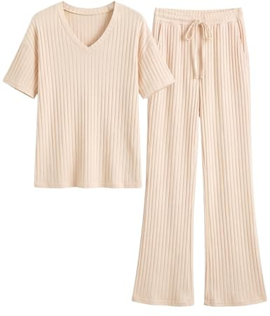 UMIPUBO Ensemble Pyjama Femme Été 2 Pièces Manches Courtes Pantalon Long Col en V Taille Élastiquée Doux Confortable Vêtement de Nuit Détente Jogging (Beige, M)