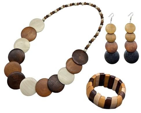 Caiyao Bohemian Vintage Wooden Necklace Earrings Bracelet Set Wood Bead Statement Collar Necklace Chunky Beaded Long Necklace Jewelry Set for Women-Set A